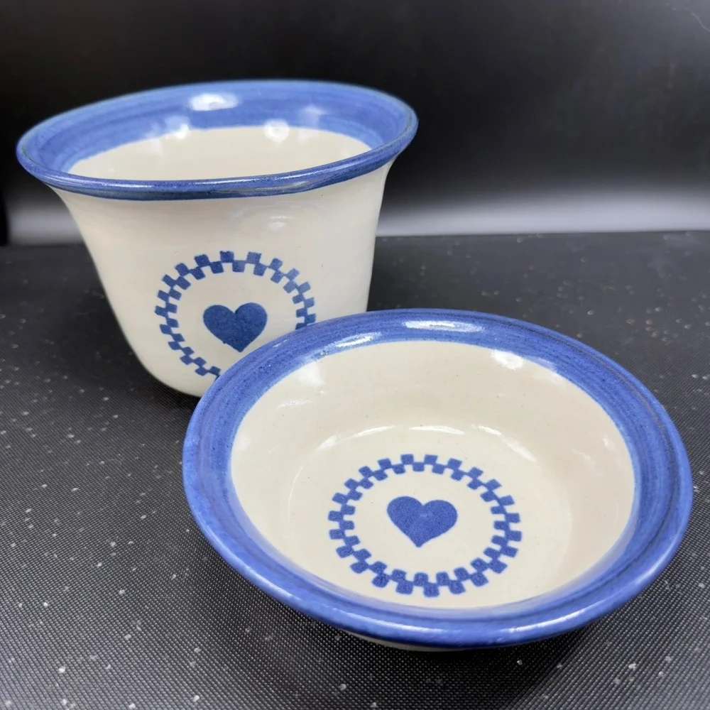 Brinker‎ Pots Dip Crock Set Blue Heart Stoneware Pottery Kansas City 2000s 2pc